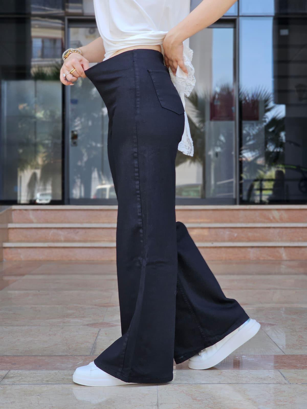 FELİX14280 Bel Lastikli Arka Cepli Palazzo Siyah Jean Pantolon