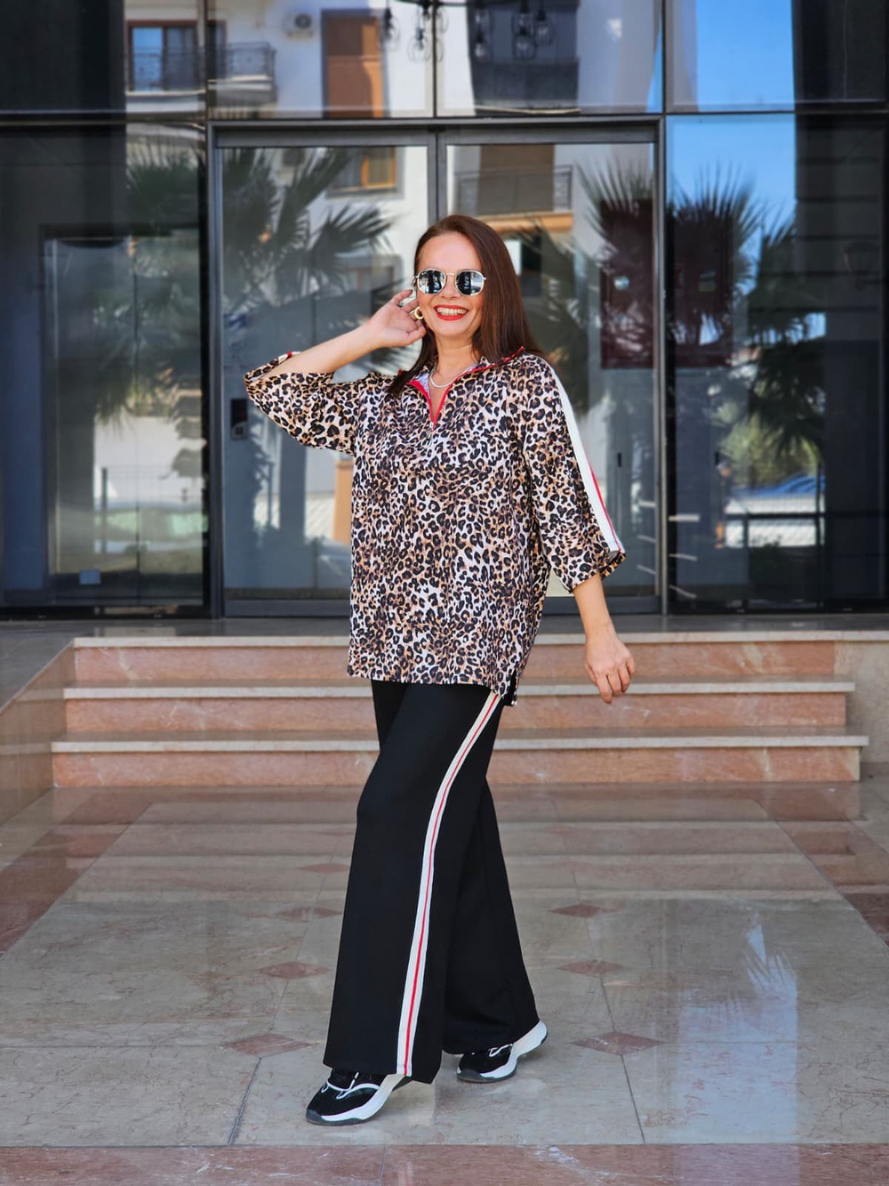 FELİX15563 Leopar Desenli Yakası Fermauarlı Şerit Detaylı Modal Takım