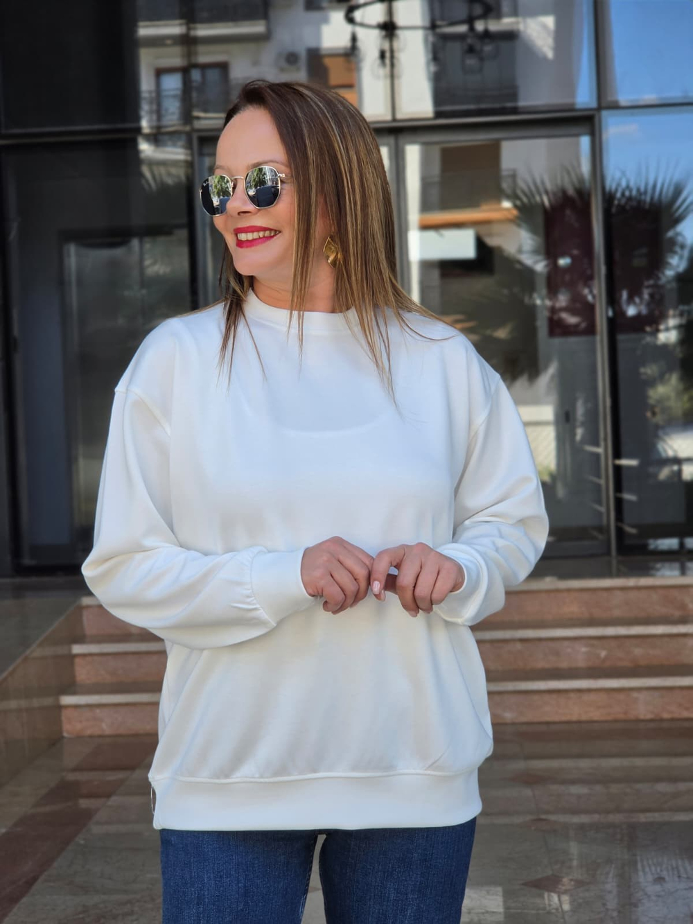 FELİX15655 Bisiklet Yaka Pamuklu Basic Krem Sweatshirt