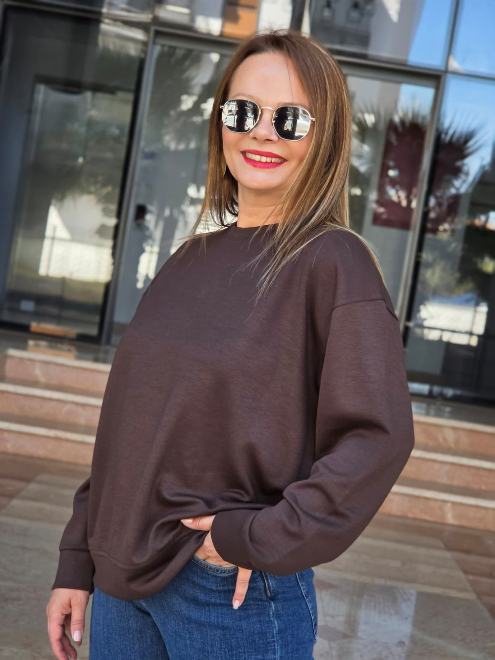 FELİX15656 Bisiklet Yaka Pamuklu Basic Kahverengi Sweatshirt