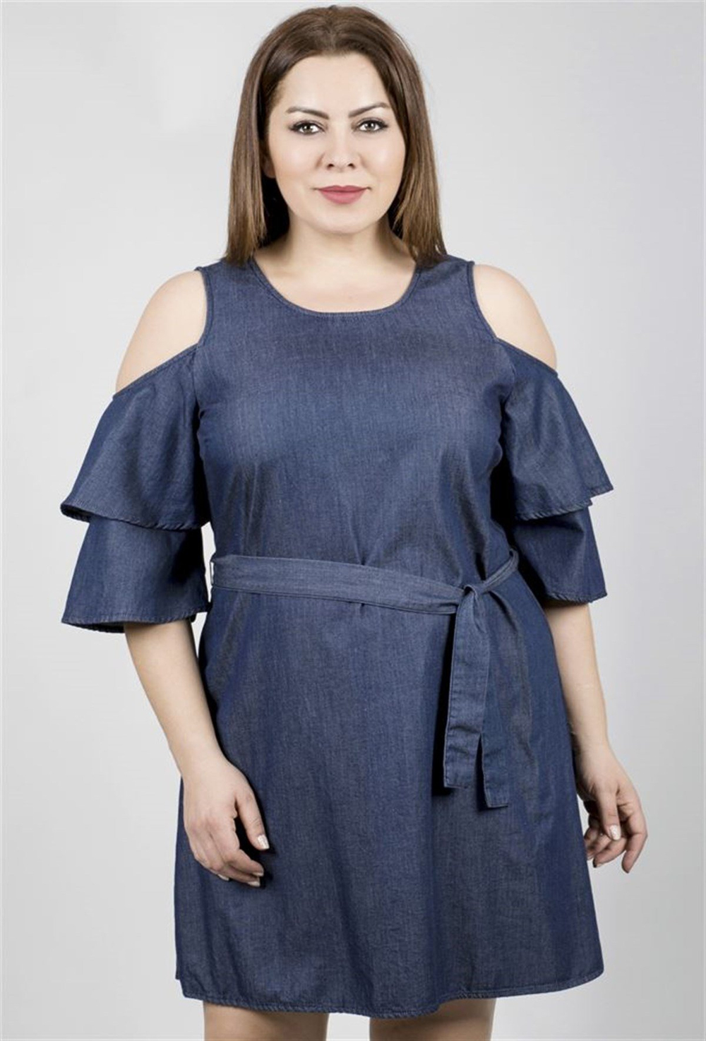 Kolları Çerçeveli Denim Elbise