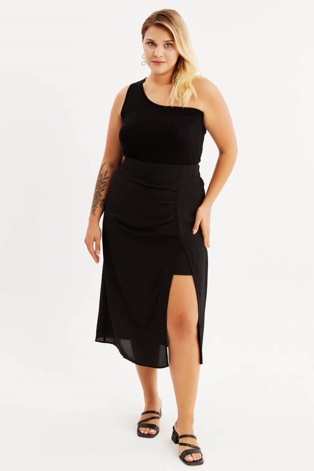 Myline-Arka Beli Lastikli Büzgülü Midi Etek-Büyük Beden Etek-87867