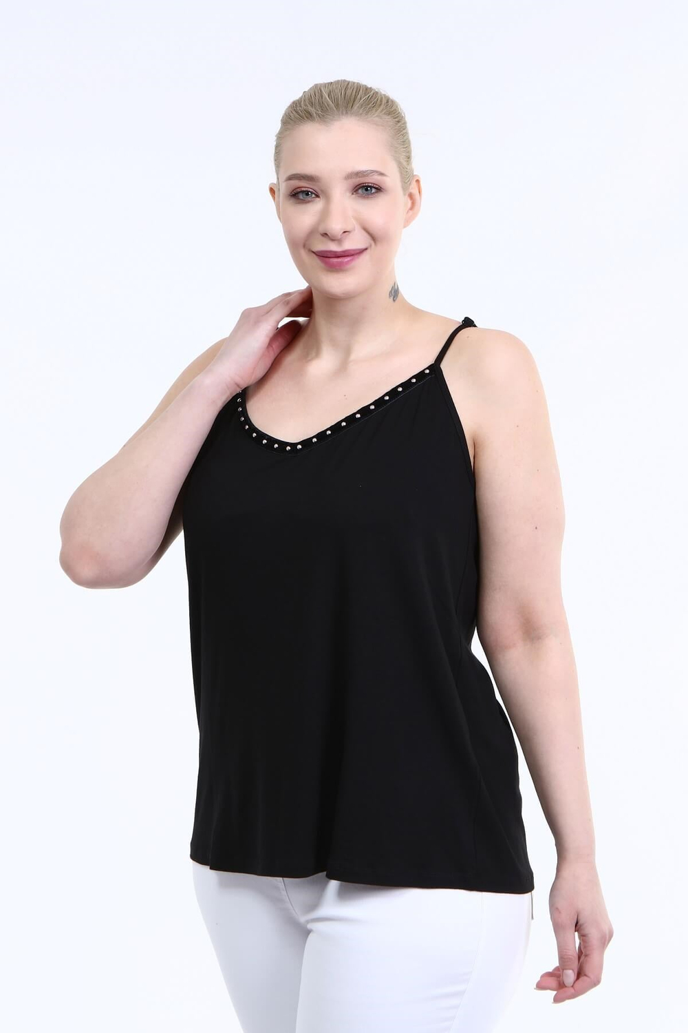 Myline-Askılı Şerit Detay Penye Bluz-Büyük Beden Bluz-66446