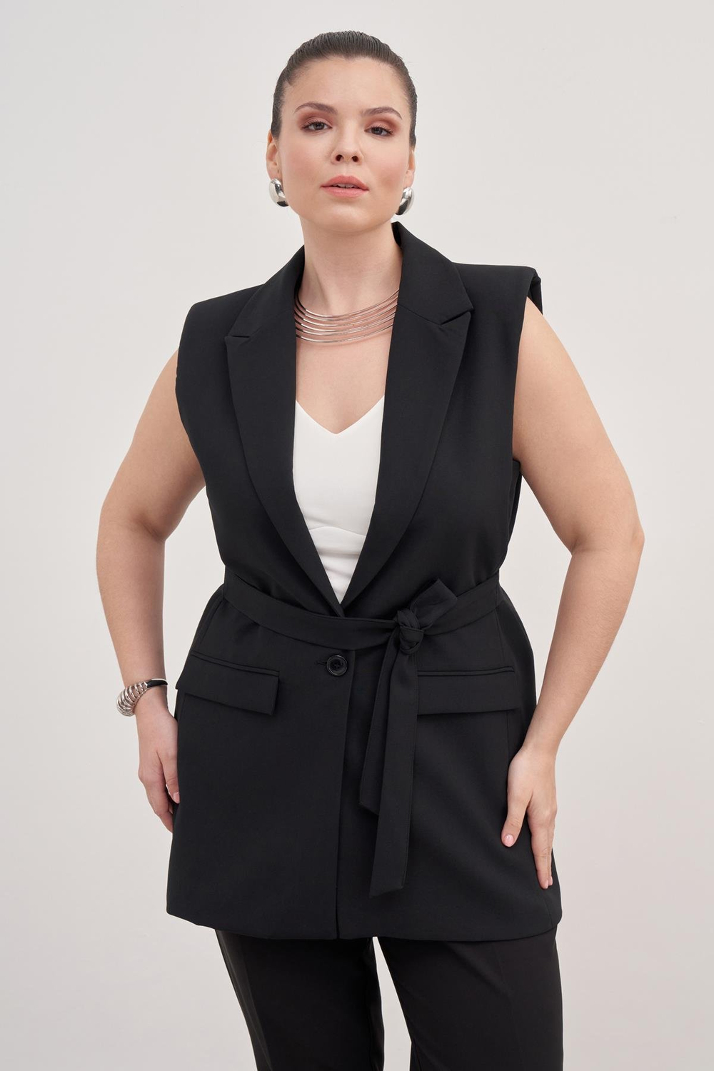 Myline-Astarlı Kuşaklı Uzun Yelek -Büyük Beden Ceket-128776