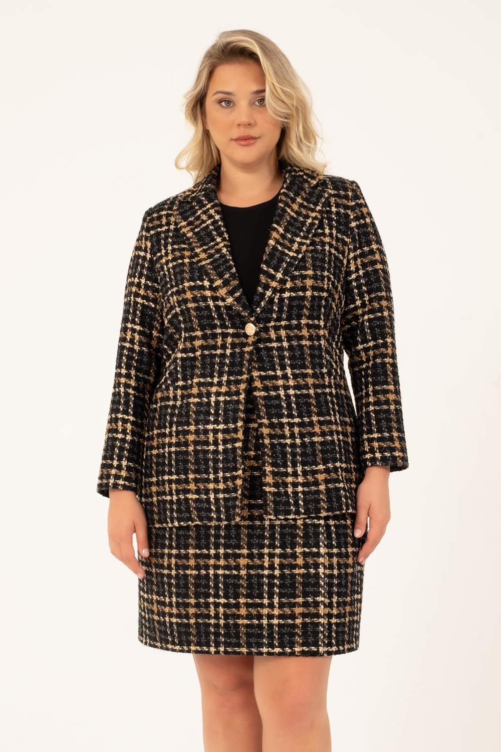 Myline-Astarlı Tüvit Kruvaze Blazer Ceket-Büyük Beden Ceket-128821