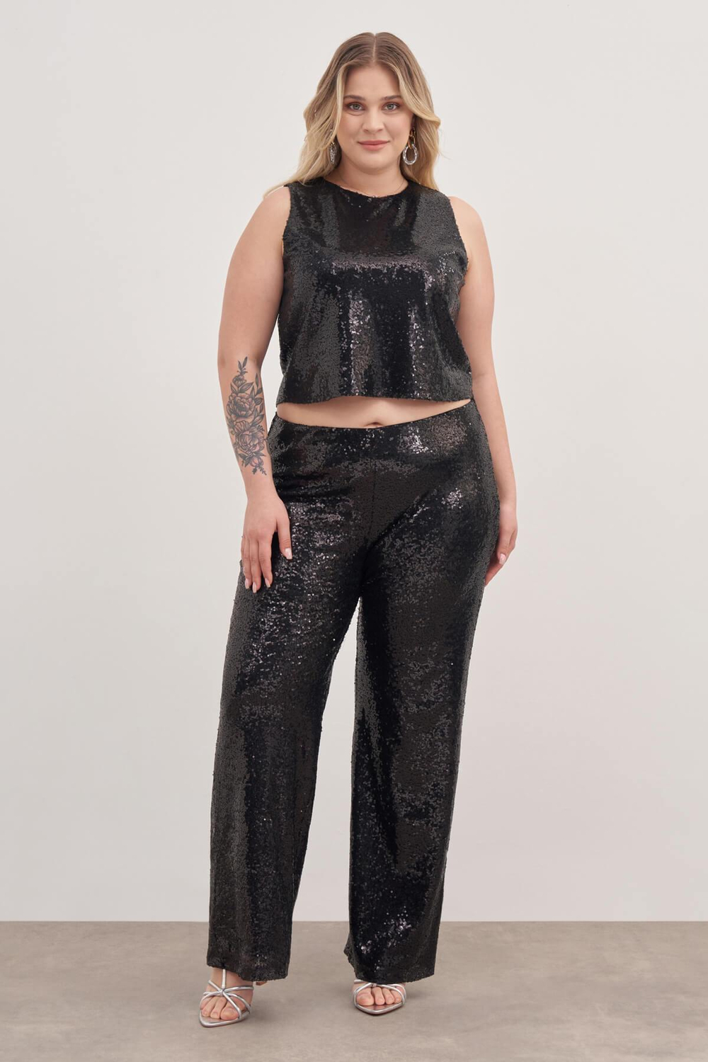 Myline-Beli Lastikli Astarlı Payetli Pantolon-Büyük Beden Pantolon-129007