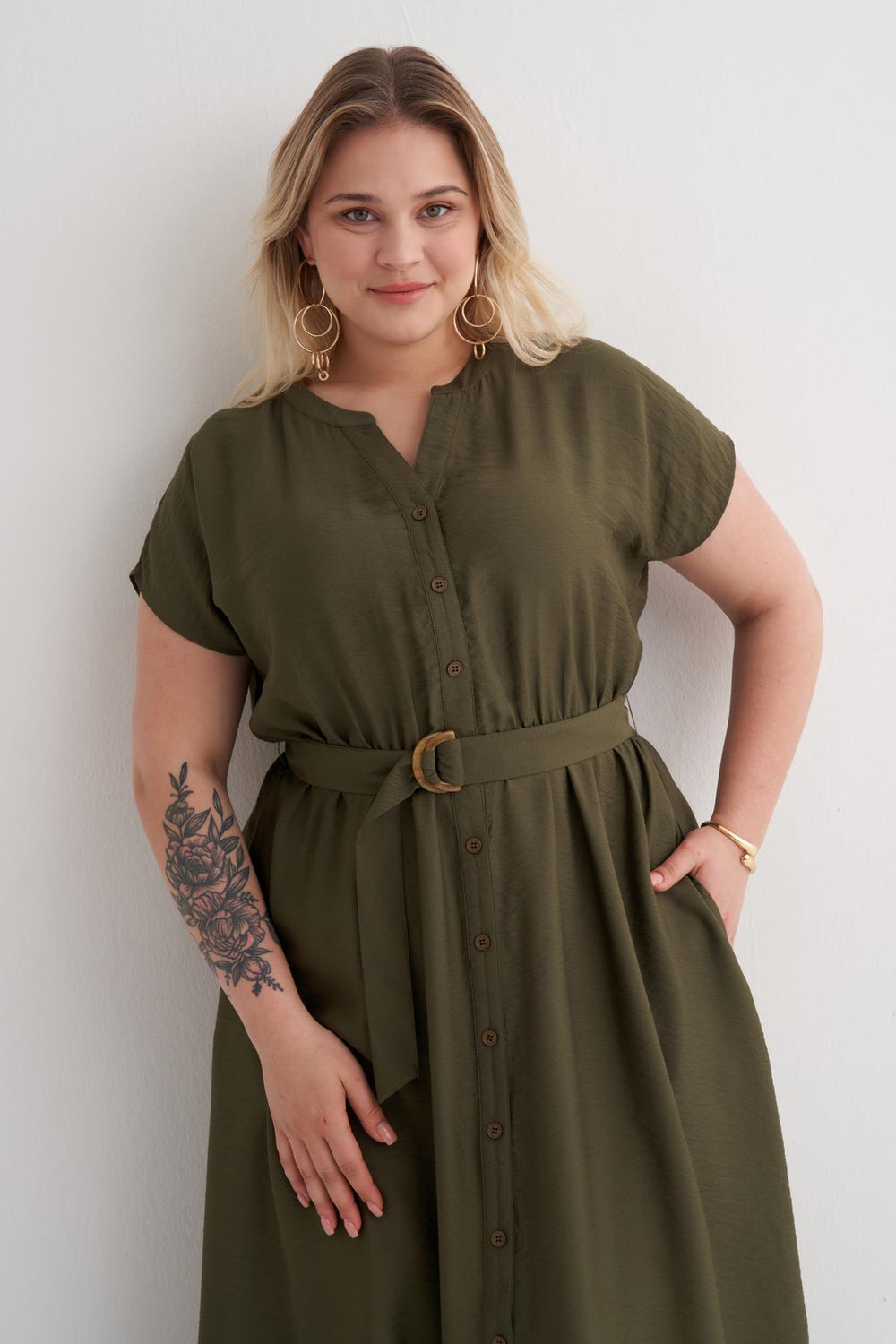 Myline-Beli Lastikli Cepli Kemer Detaylı Elbise-Büyük Beden Elbise-149944