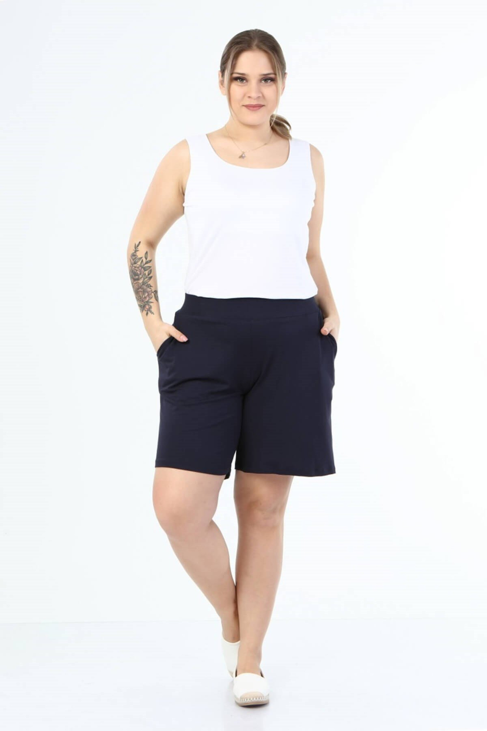 Myline-Beli Lastikli Cepli Penye Şort-Büyük Beden Şort-66435