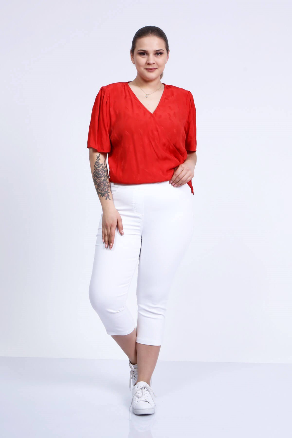 Myline-Beli Lastikli Kapri Pantolon-Büyük Beden Kapri-66459