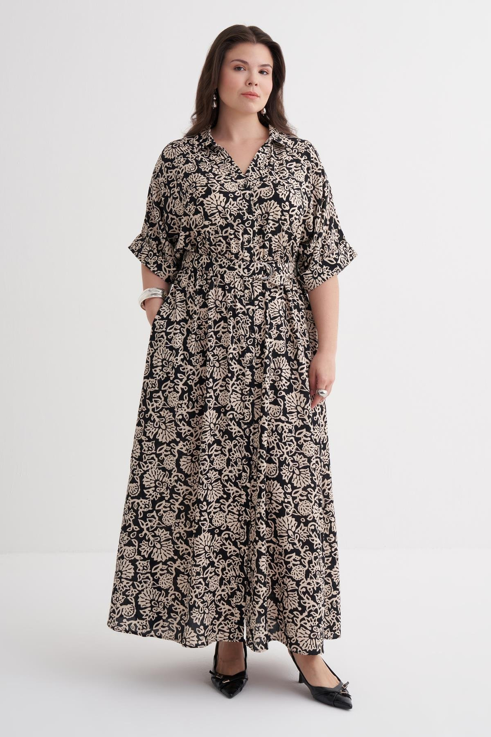 Myline-Beli Lastikli Kemerli Uzun Elbise-Büyük Beden Elbise-149948