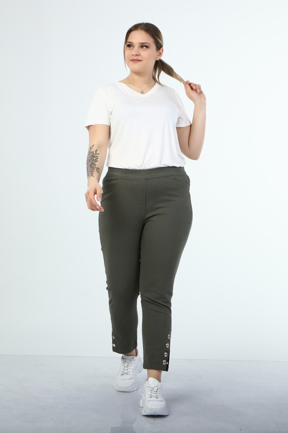 Myline-Beli Lastikli Kuş Gözü Detaylı Pantolon-Büyük Beden Pantolon-45999