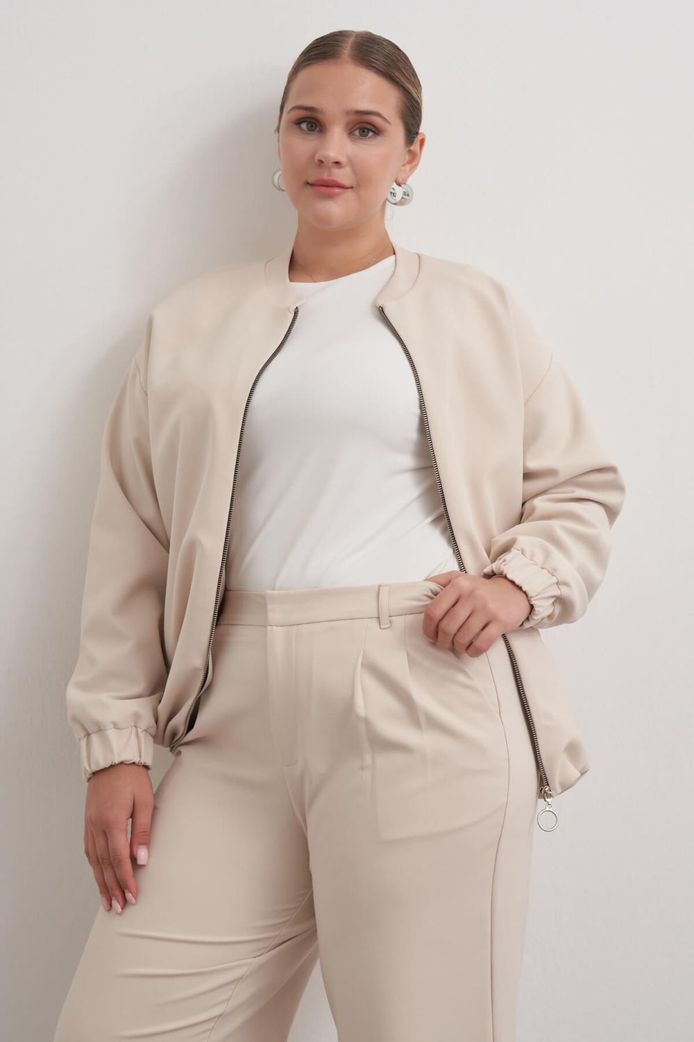 Myline-Cep Detaylı Astarlı Stoperli Bomber Ceket-Büyük Beden Ceket-149471