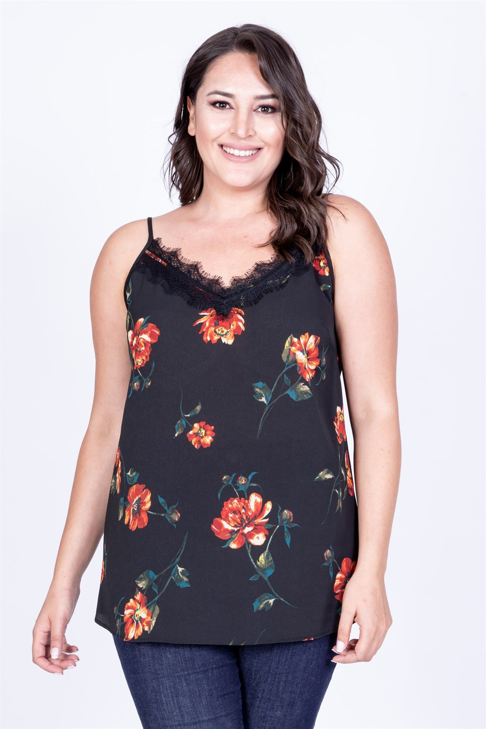 Myline-Çiçekli İp Askılı Dantelli Bluz-Büyük Beden Bluz-35036