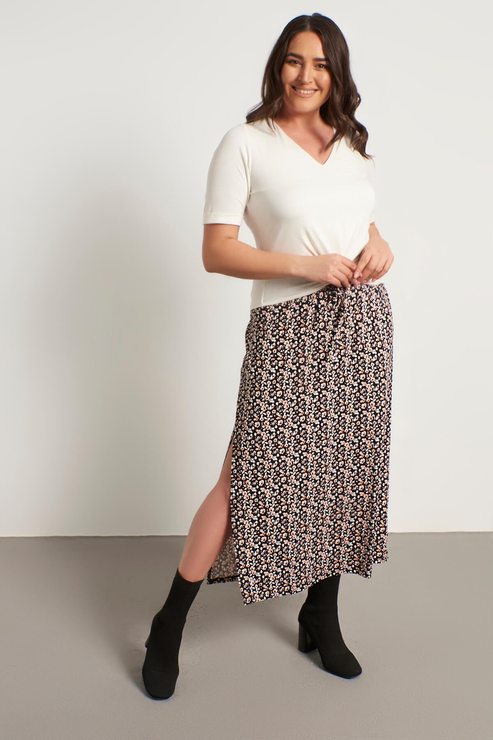 Myline-Çiçekli Uzun Penye Etek-Büyük Beden Etek-12459-m