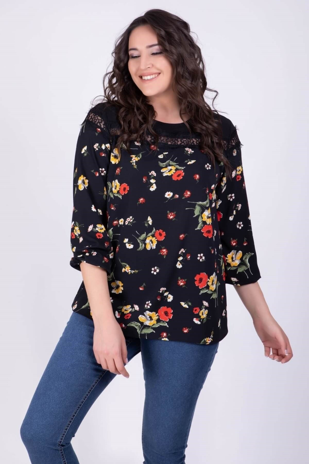 Myline-Dantel Detaylı Çiçekli Bluz-Büyük Beden Bluz-34253