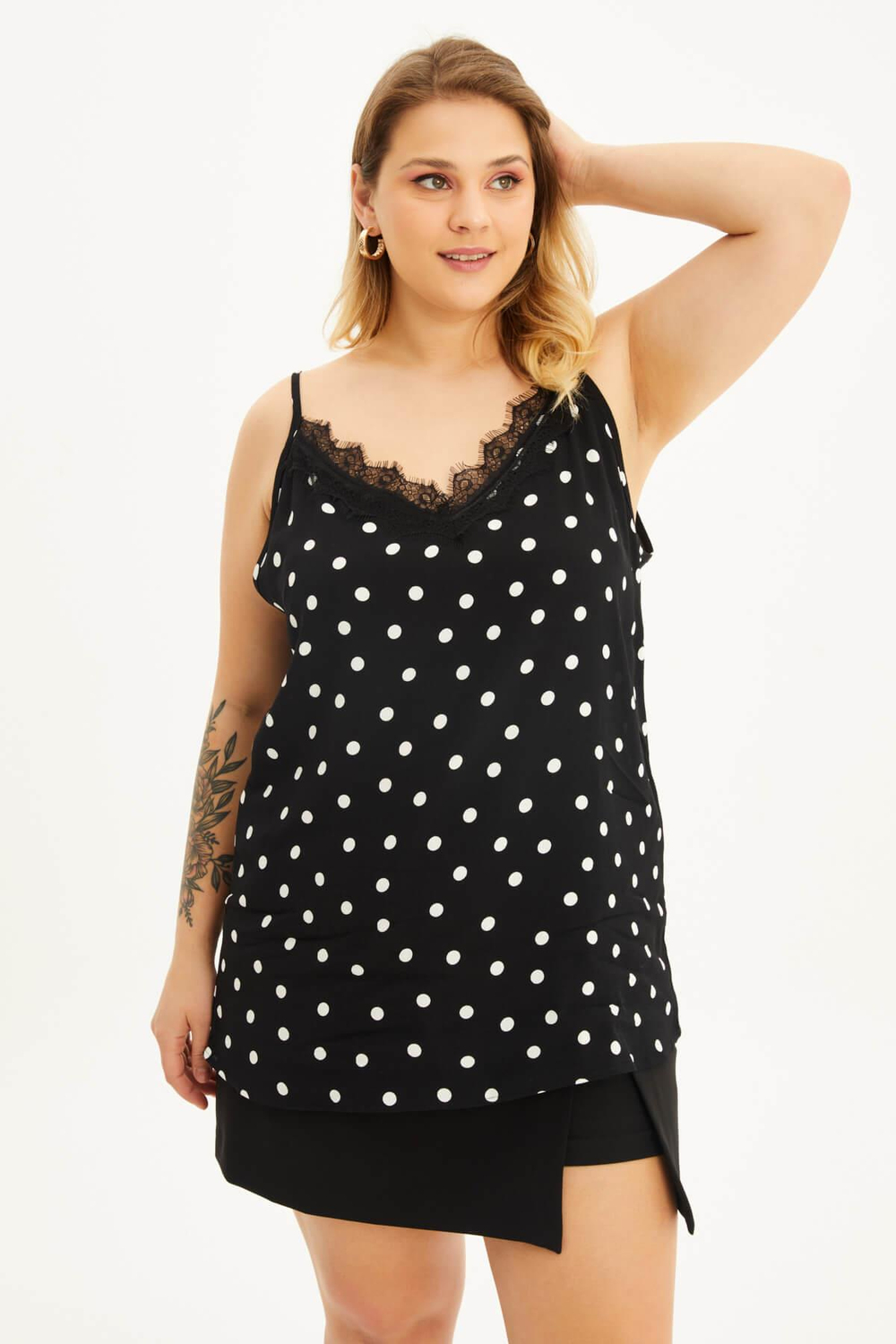 Myline-Dantelli İp Askılı Puantiyeli Bluz-Büyük Beden Bluz-88303