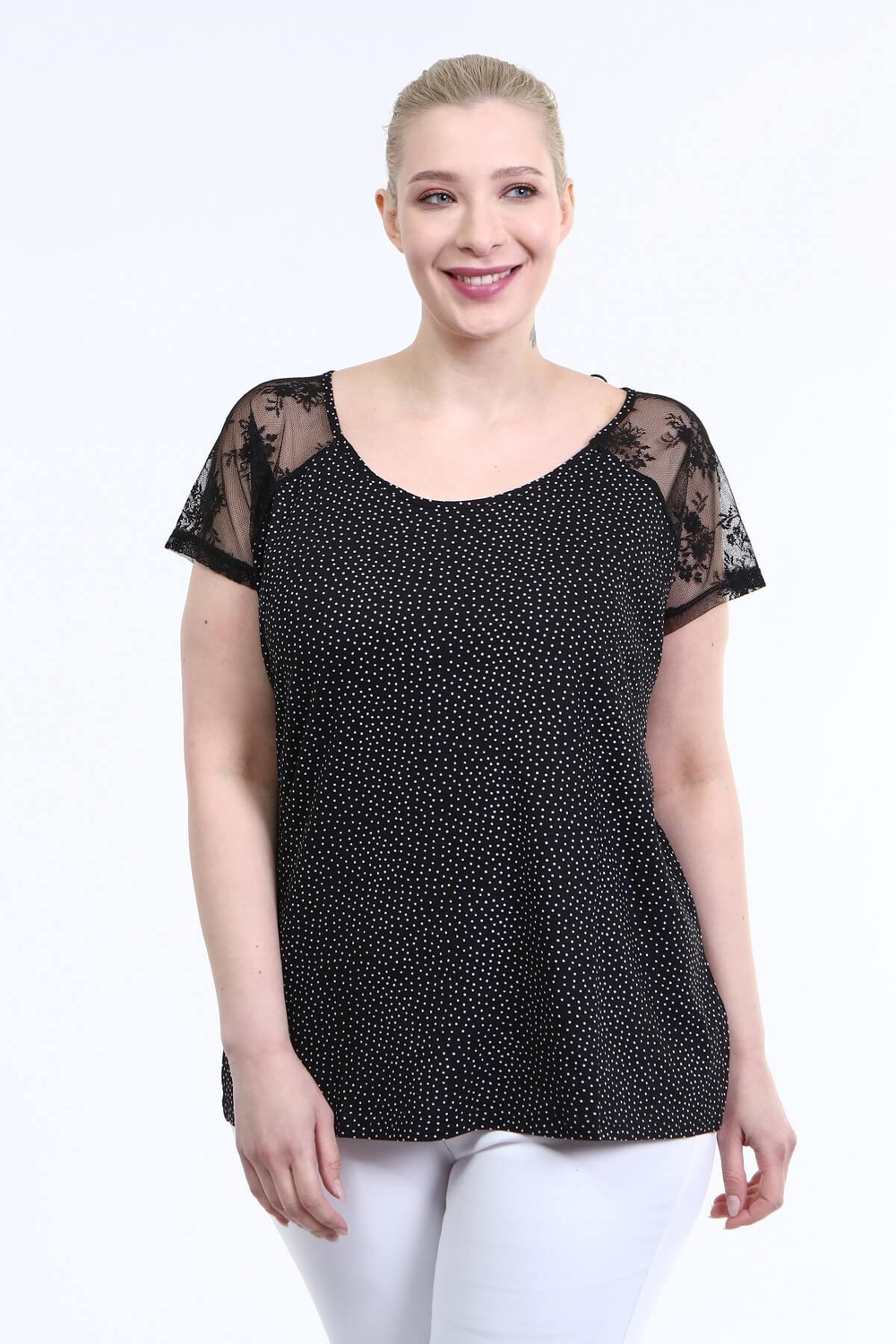 Myline-Dantelli Kısa Kol Tişört-Büyük Beden Tişört-12423-m