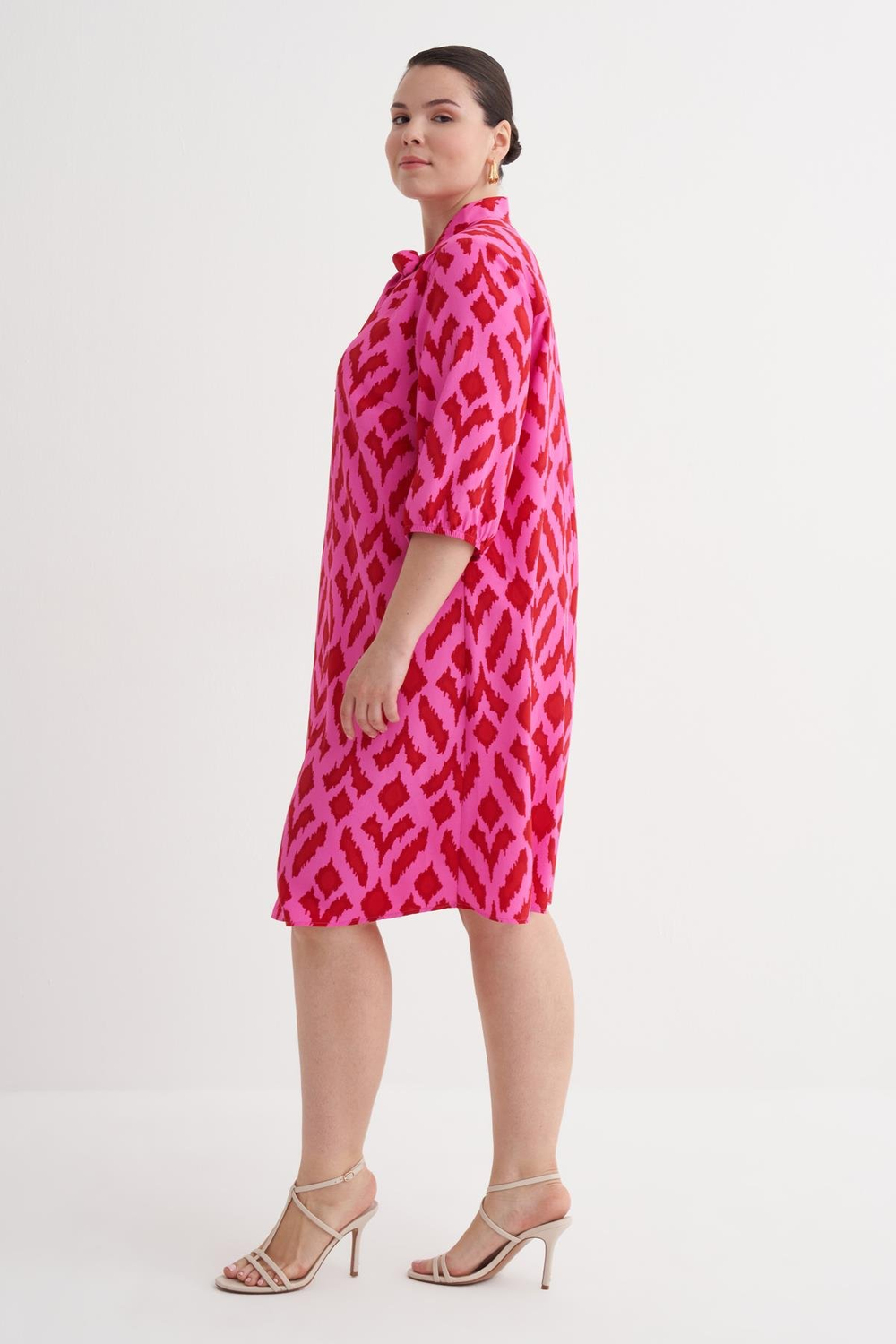 Myline-Desenli Fular Yaka Elbise-Büyük Beden Elbise-149987