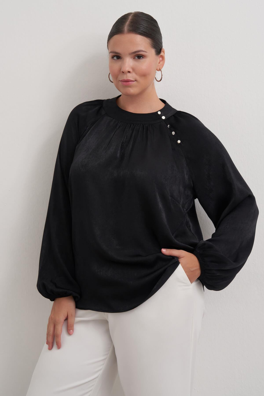 Myline-Düğme Detaylı Saten Bluz-Büyük Beden Bluz-149479