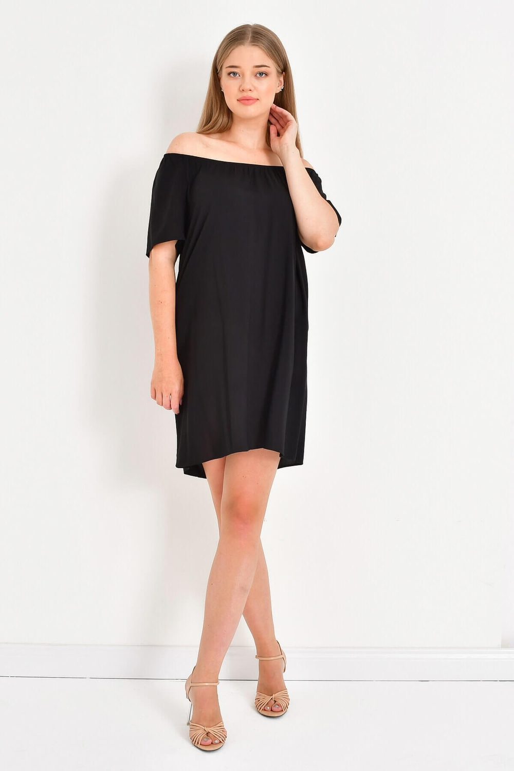 Myline-Düşük Omuzlu Büzgü Detaylı Elbise-Büyük Beden Günlük Elbiseler-23742