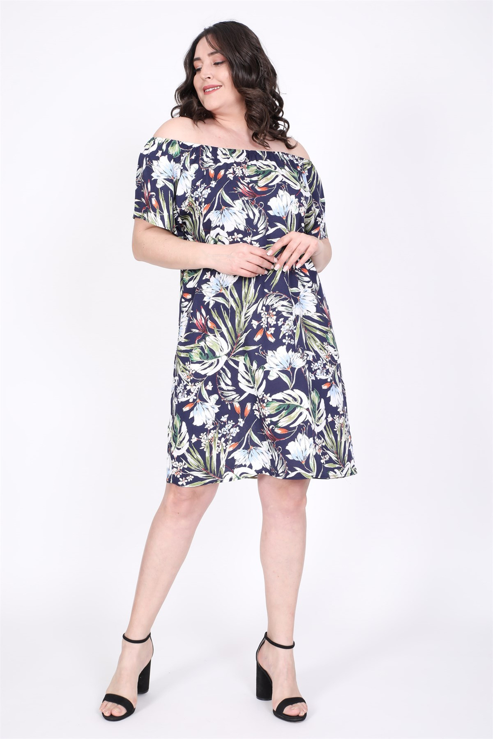 Myline-Düşük Omuzlu Büzgü Detaylı Elbise-Büyük Beden Günlük Elbiseler-45542