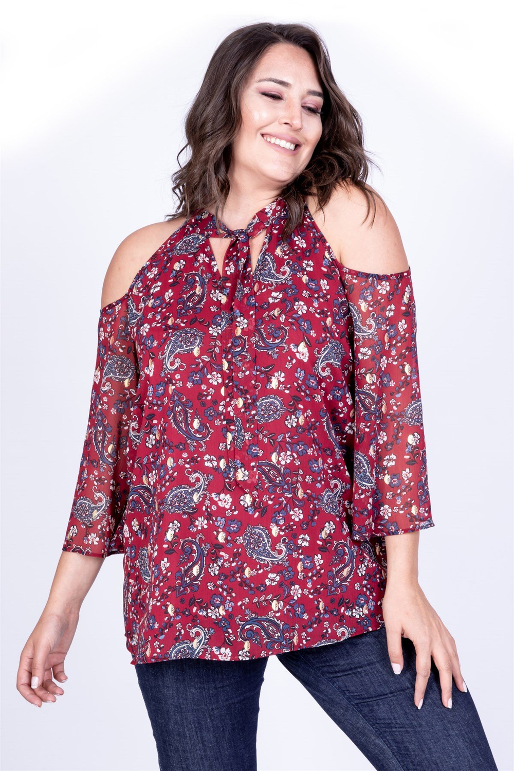 Myline-Fular Detaylı Şifon Bluz-Büyük Beden Bluz-35058