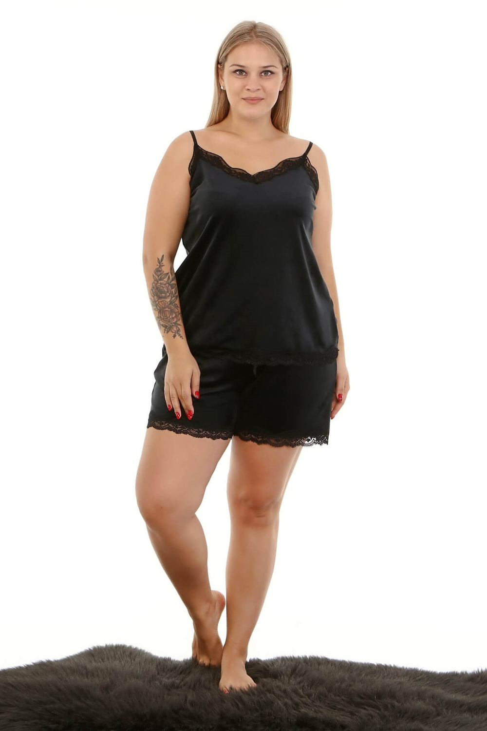 Myline-Kadife Beli Lastikli Dantelli Şort-Büyük Beden Ev Giyim-77117