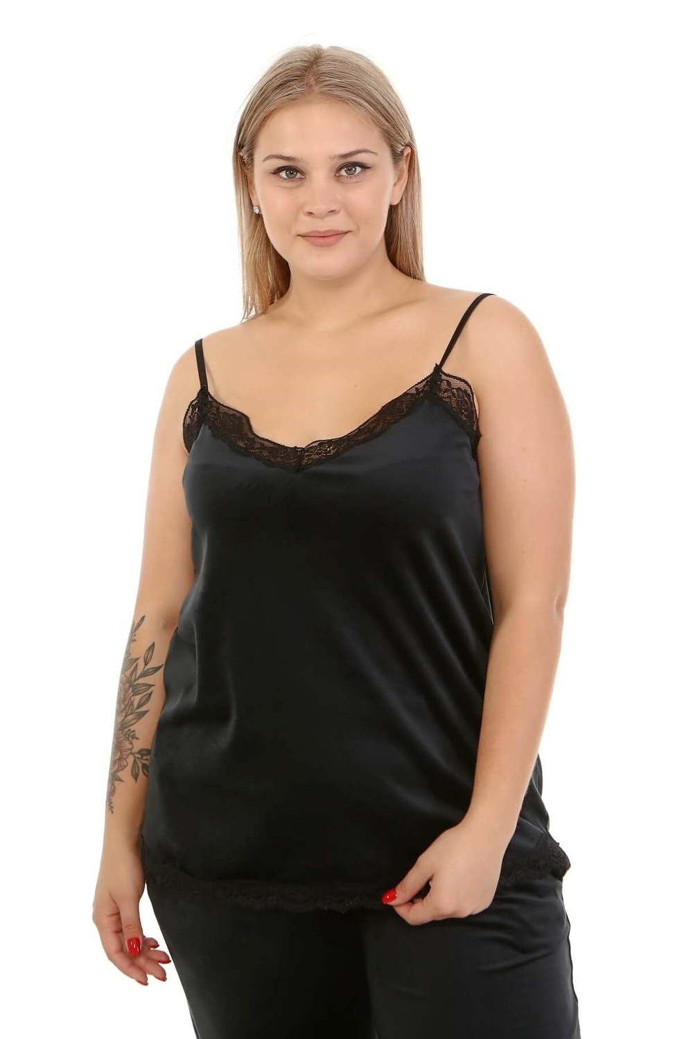 Myline-Kadife Dantelli İp Askılı Atlet-Büyük Beden Ev Giyim-77118