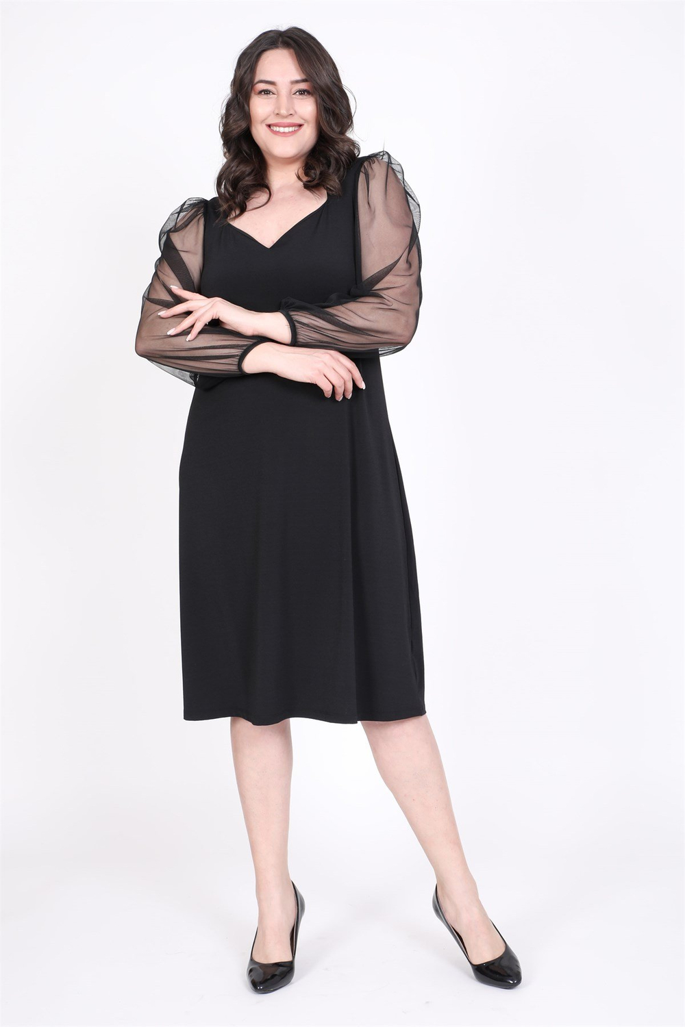 Myline-Kare Yaka Tül Prenses Kollu Elbise-Büyük Beden Günlük Elbiseler-35319