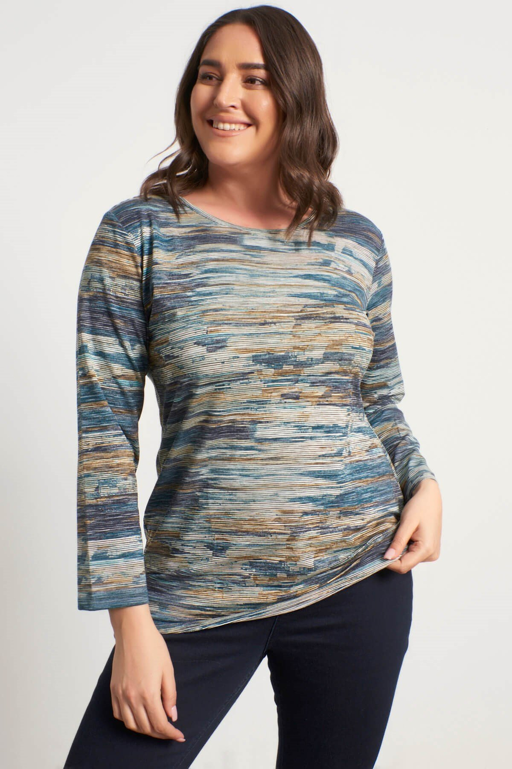 Myline-Kendinden Desenli Örme Tişört-Büyük Beden Tişört-34121