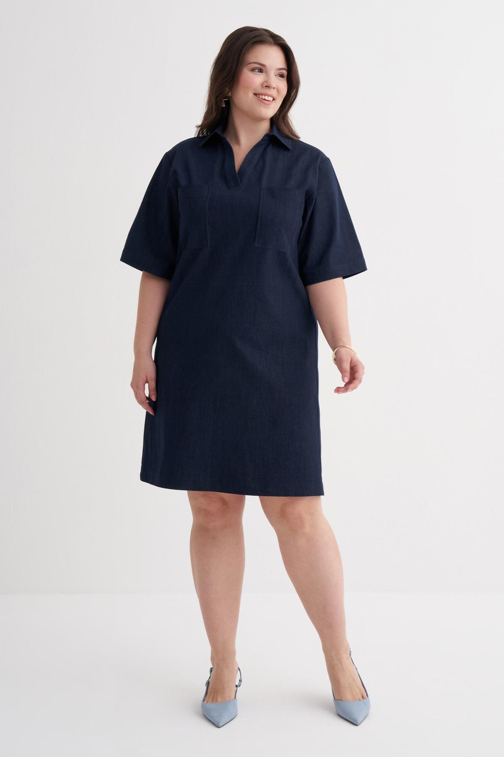 Myline-Kısa Kollu Cepli Denim Elbise-Büyük Beden Tişört-149992