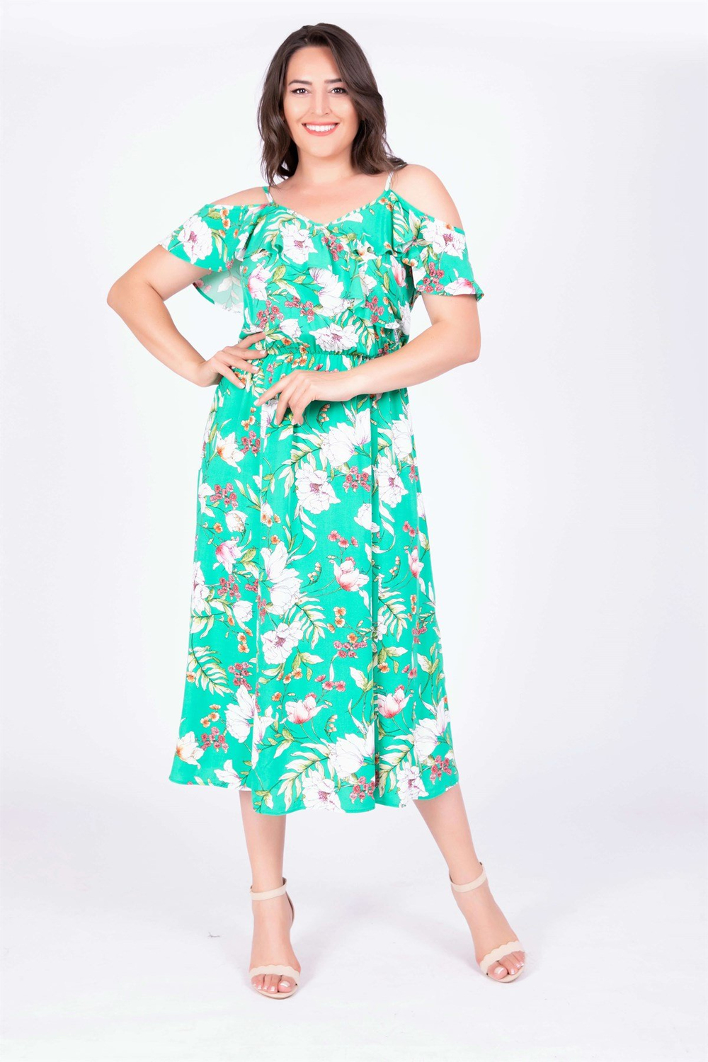 Myline-Kolları Volanlı Elbise-Büyük Beden Günlük Elbiseler-34882