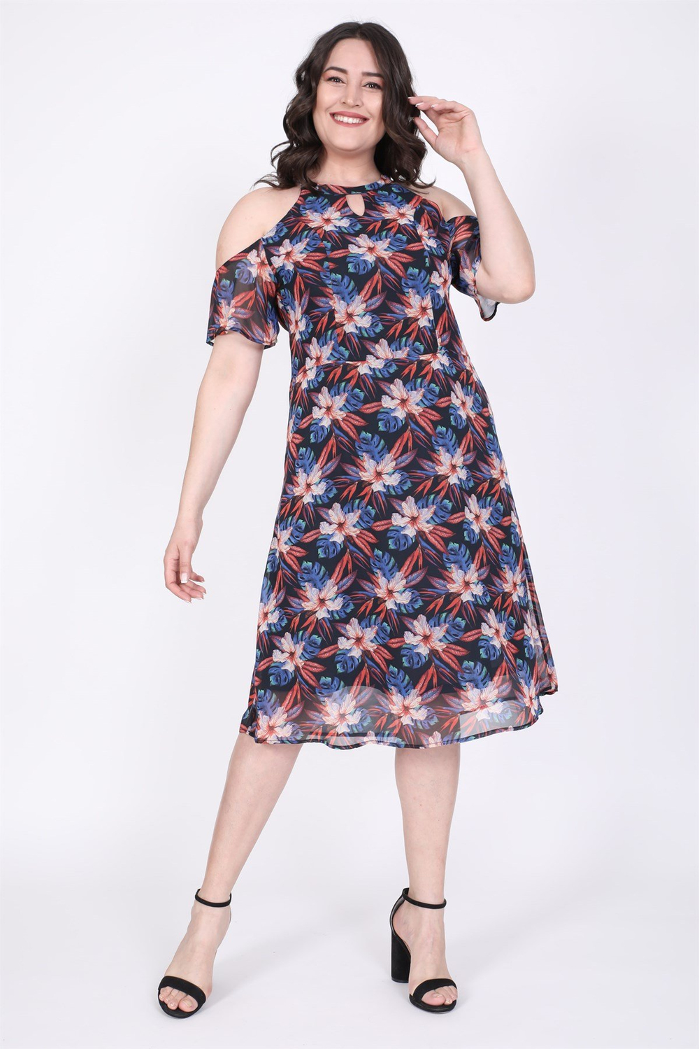 Myline-Omuzları Açık Astarlı Şifon Elbise-Büyük Beden Günlük Elbiseler-45419