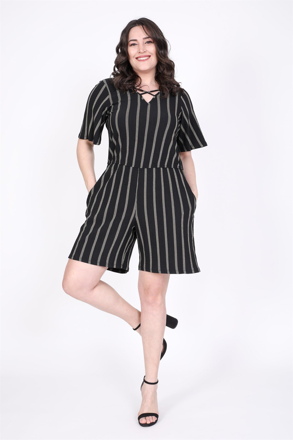 Myline-Ön Çapraz Detaylı Kısa Tulum-Büyük Beden Tulum-45728