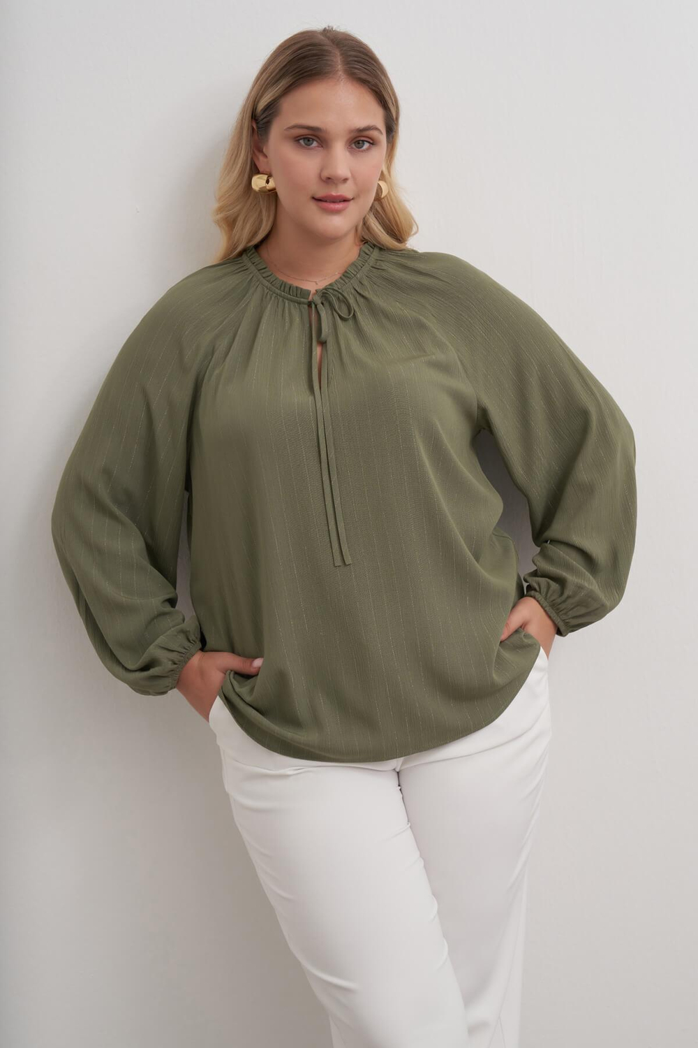 Myline-Parıltılı İplikli Bağcıklı Bluz-Büyük Beden Bluz-149516