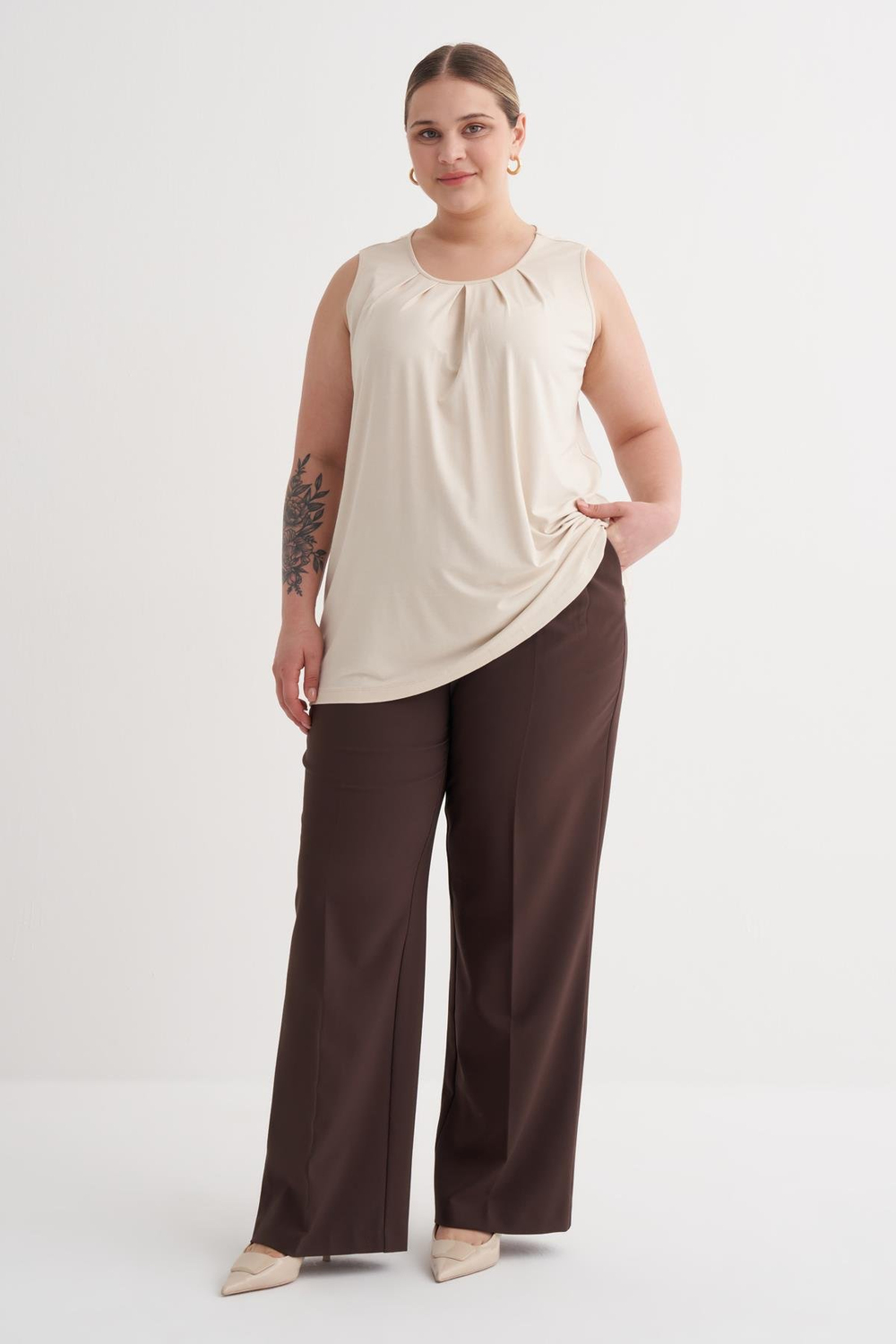 Myline-Pile Detaylı Örme Bluz-Büyük Beden Tişört-149868