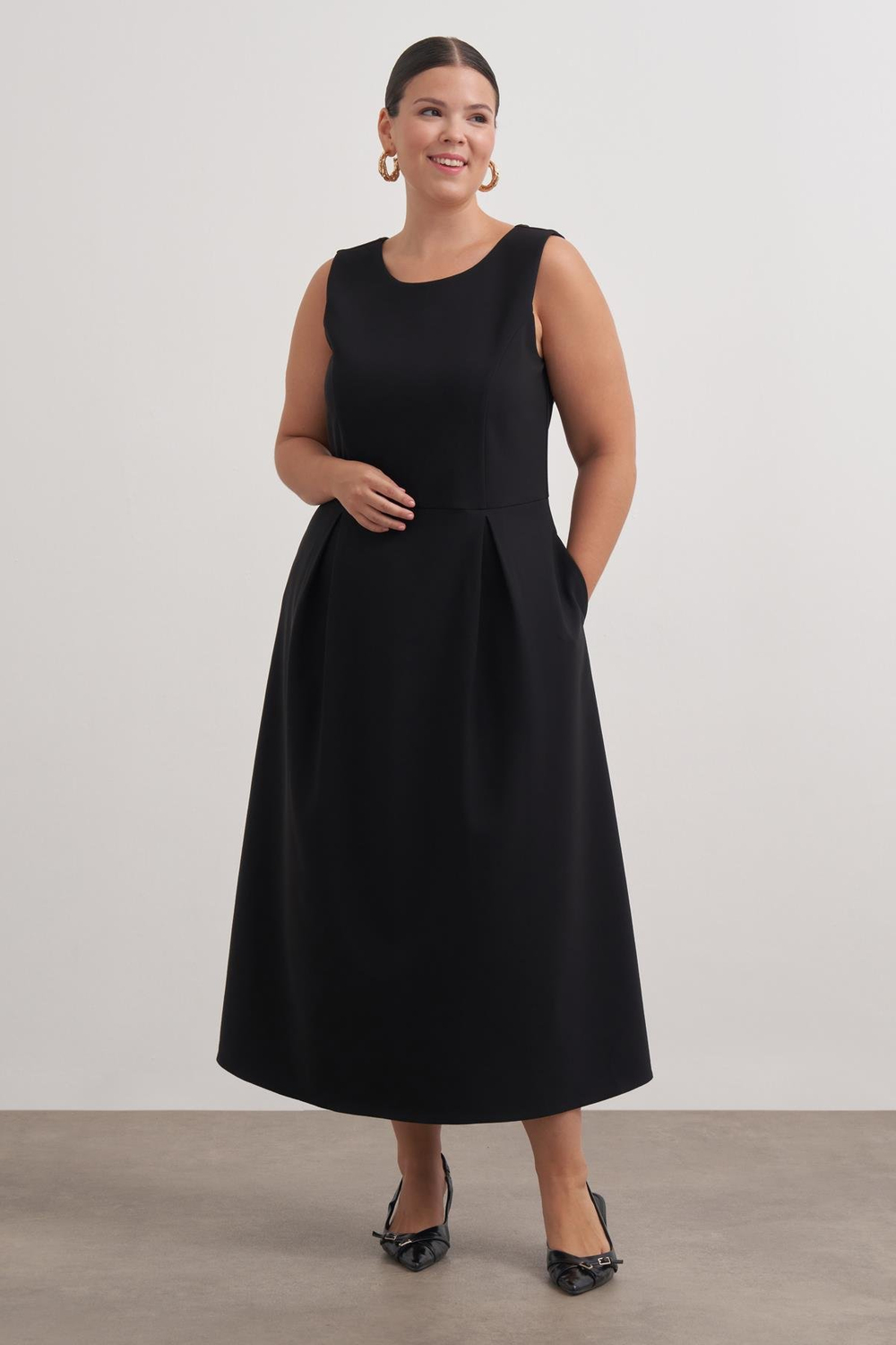 Myline-Pileli Kolsuz Cepli Uzun Elbise-Büyük Beden Elbise-149553