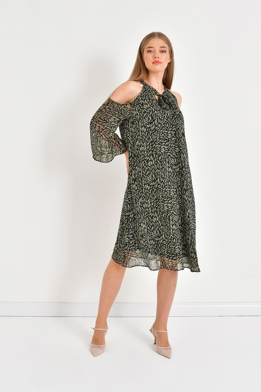 Myline-Şifon Bağlama Detaylı Elbise-Büyük Beden Elbise-45935