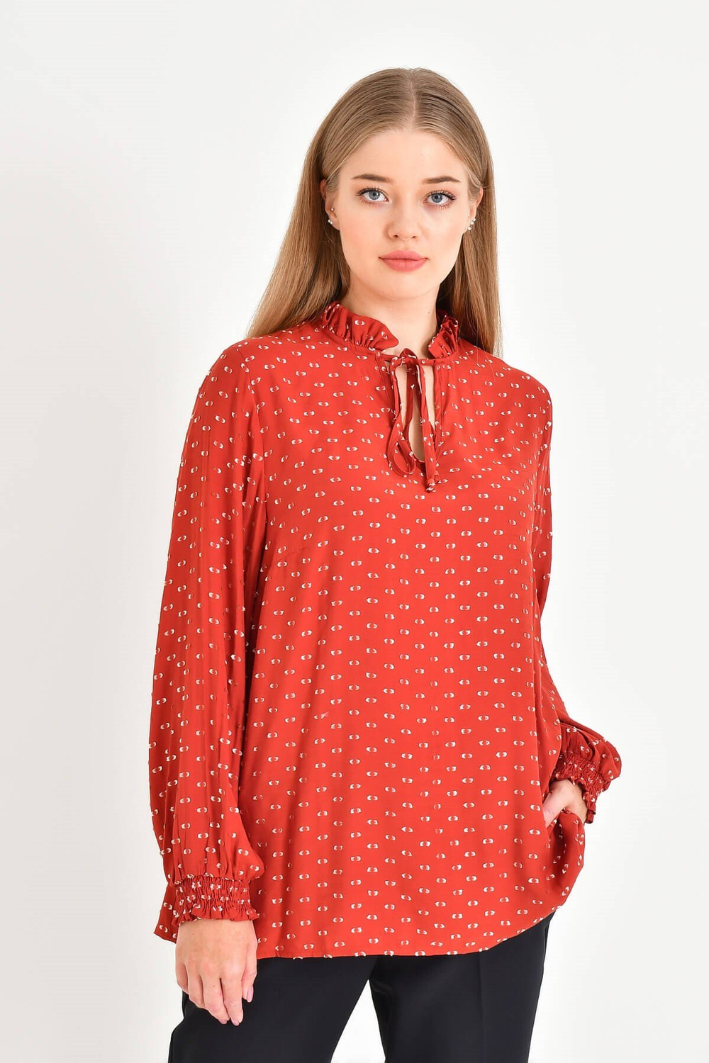 Myline-Simli Uzun Kollu Önü Bağcıklı Bluz-Büyük Beden Bluz-45474