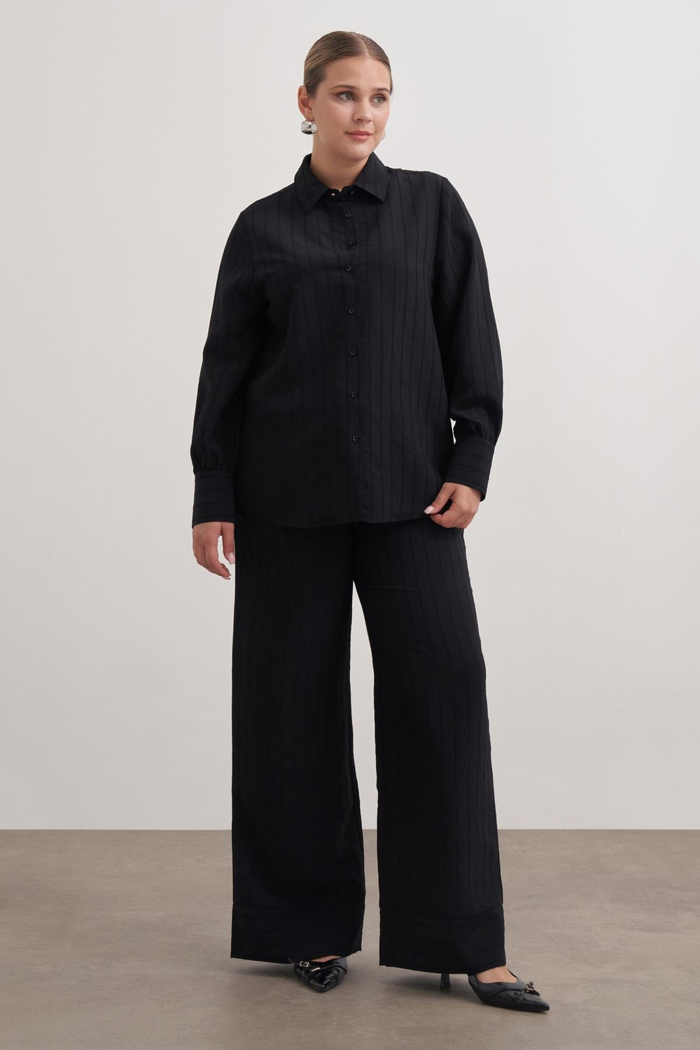 Myline-Sırtı Fiyonklu Çizgili Gömlek-Büyük Beden Gömlek-149538