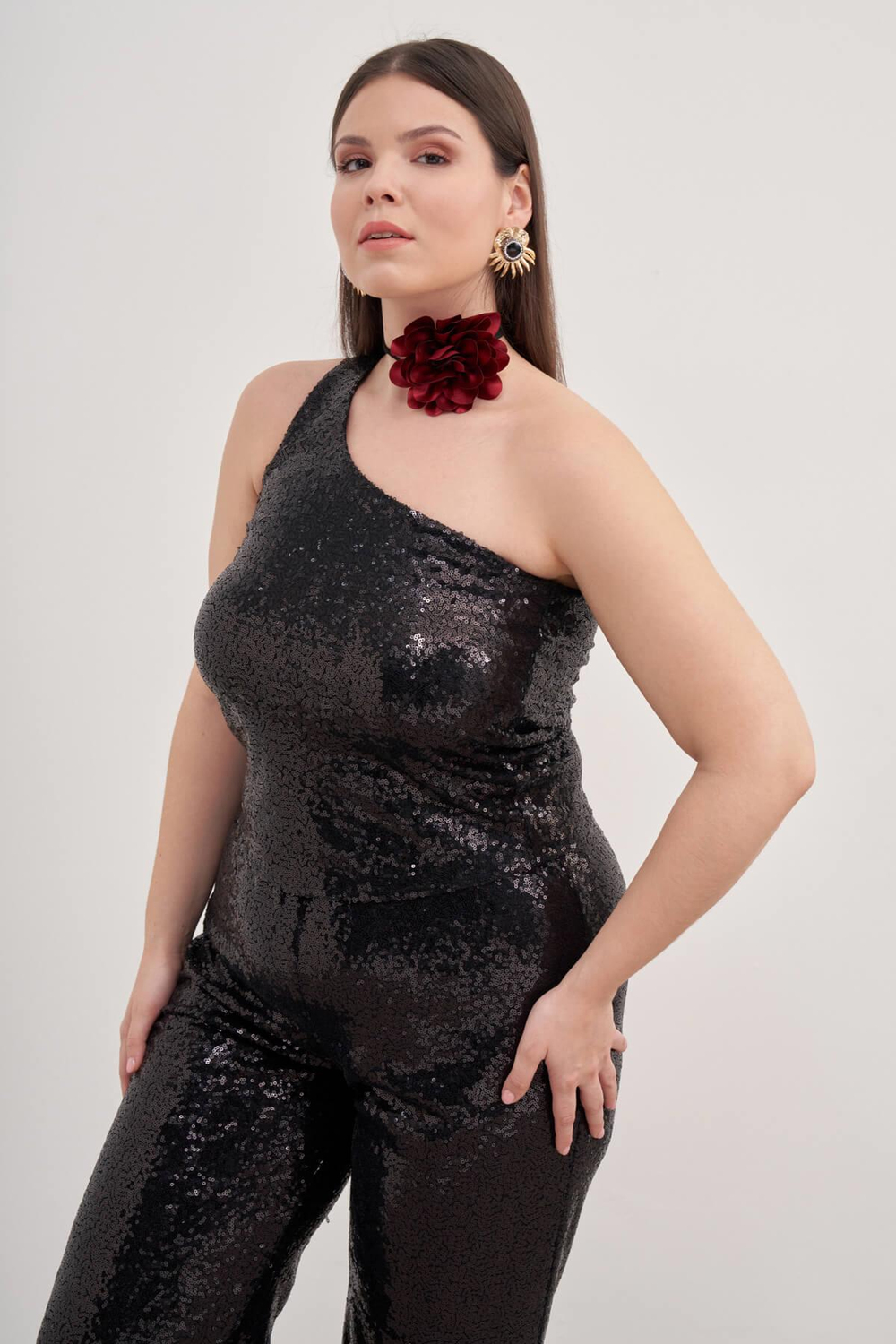 Myline-Tek Omuz Astarlı Payetli Top-Büyük Beden Tişört-139210