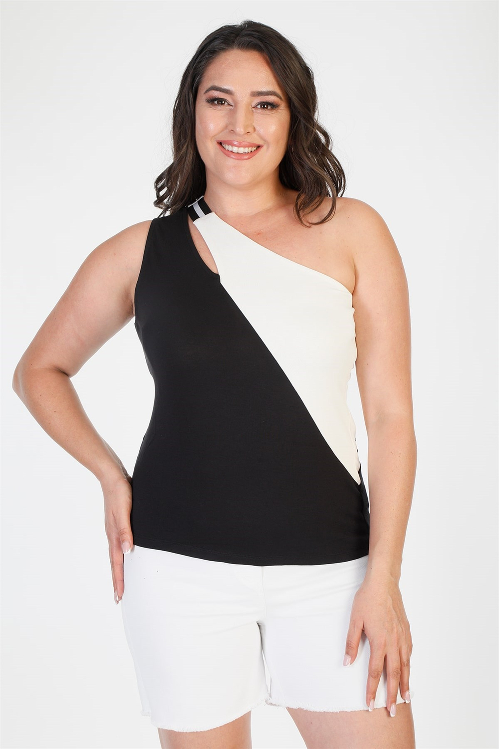 Myline-Tek Omuz Crop Top-Büyük Beden Tişört-66577