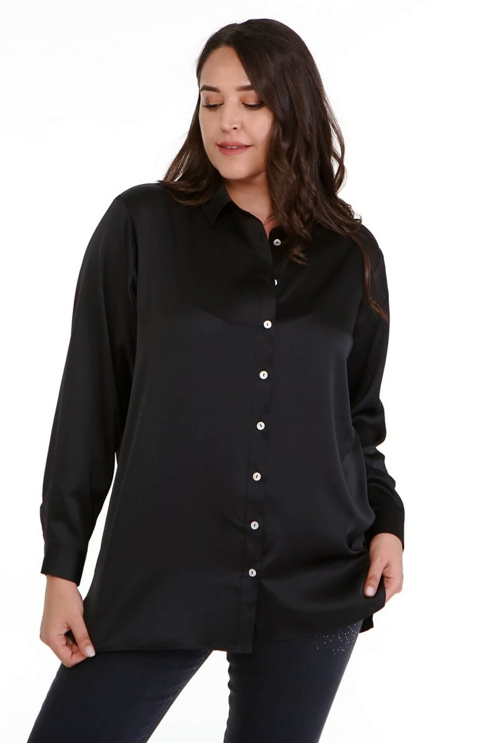 Myline-Uzun Kollu Saten Gömlek-Büyük Beden Gömlek-66925