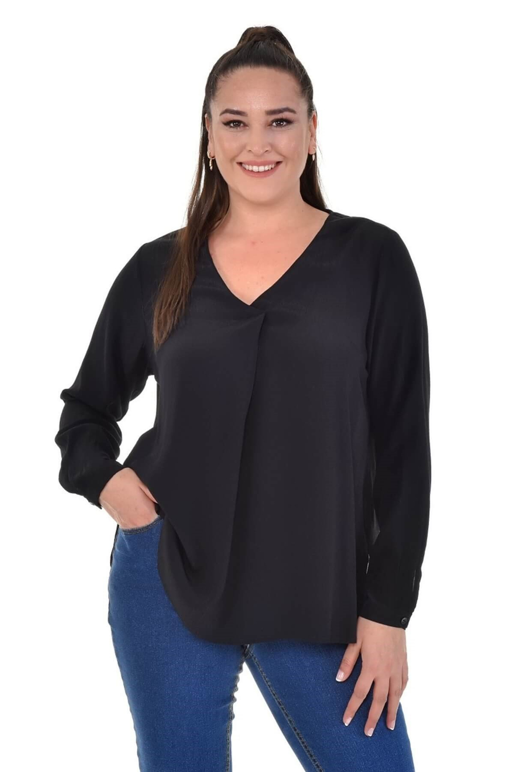 Myline-Uzun Kollu V Yaka Bluz-Büyük Beden Bluz-67020