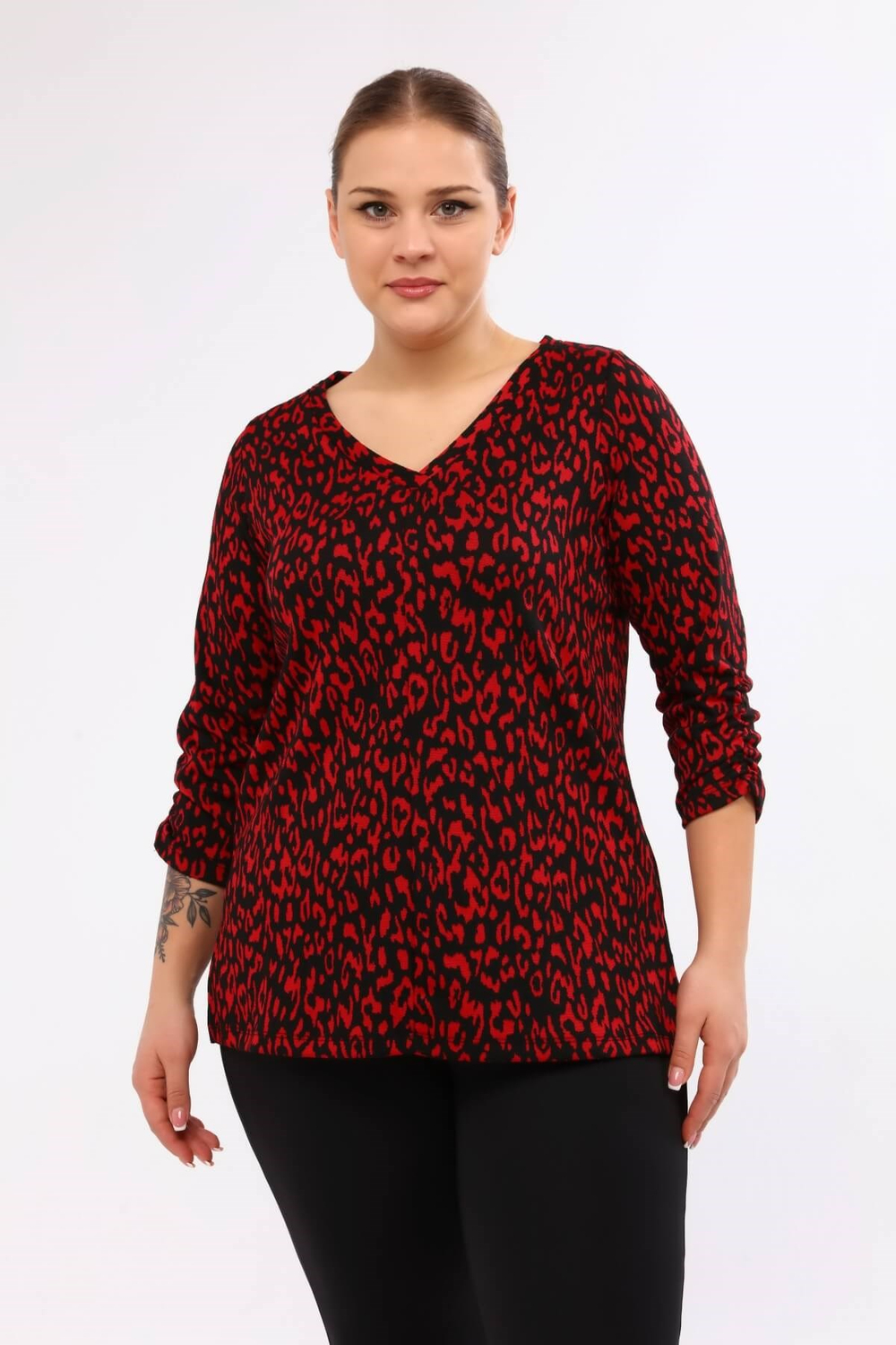 Myline-V Yaka Kolları Büzgülü Triko Bluz-Büyük Beden Bluz-45898