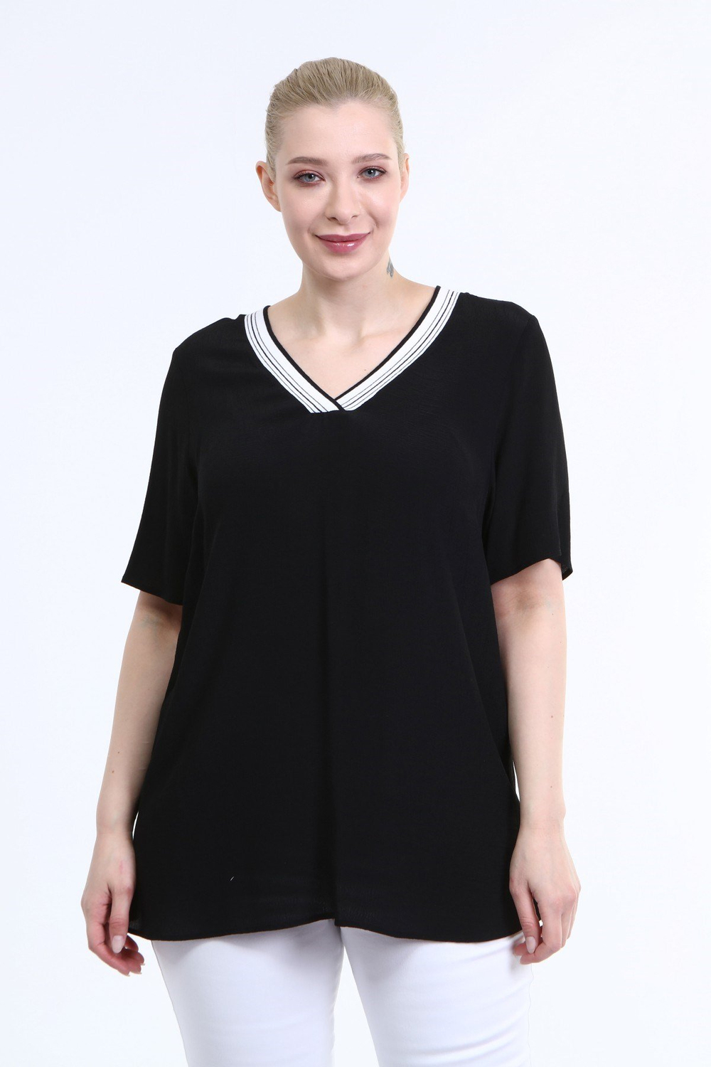 Myline-V Yaka Ribanalı Bluz-Büyük Beden Bluz-66619