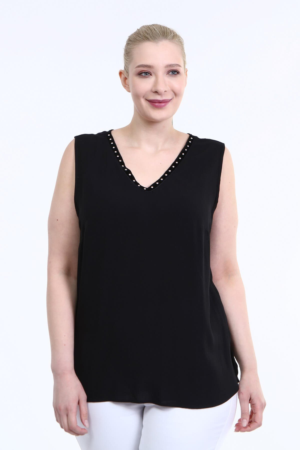 Myline-V Yaka Şerit Detay Kolsuz Bluz -Büyük Beden Bluz-66656