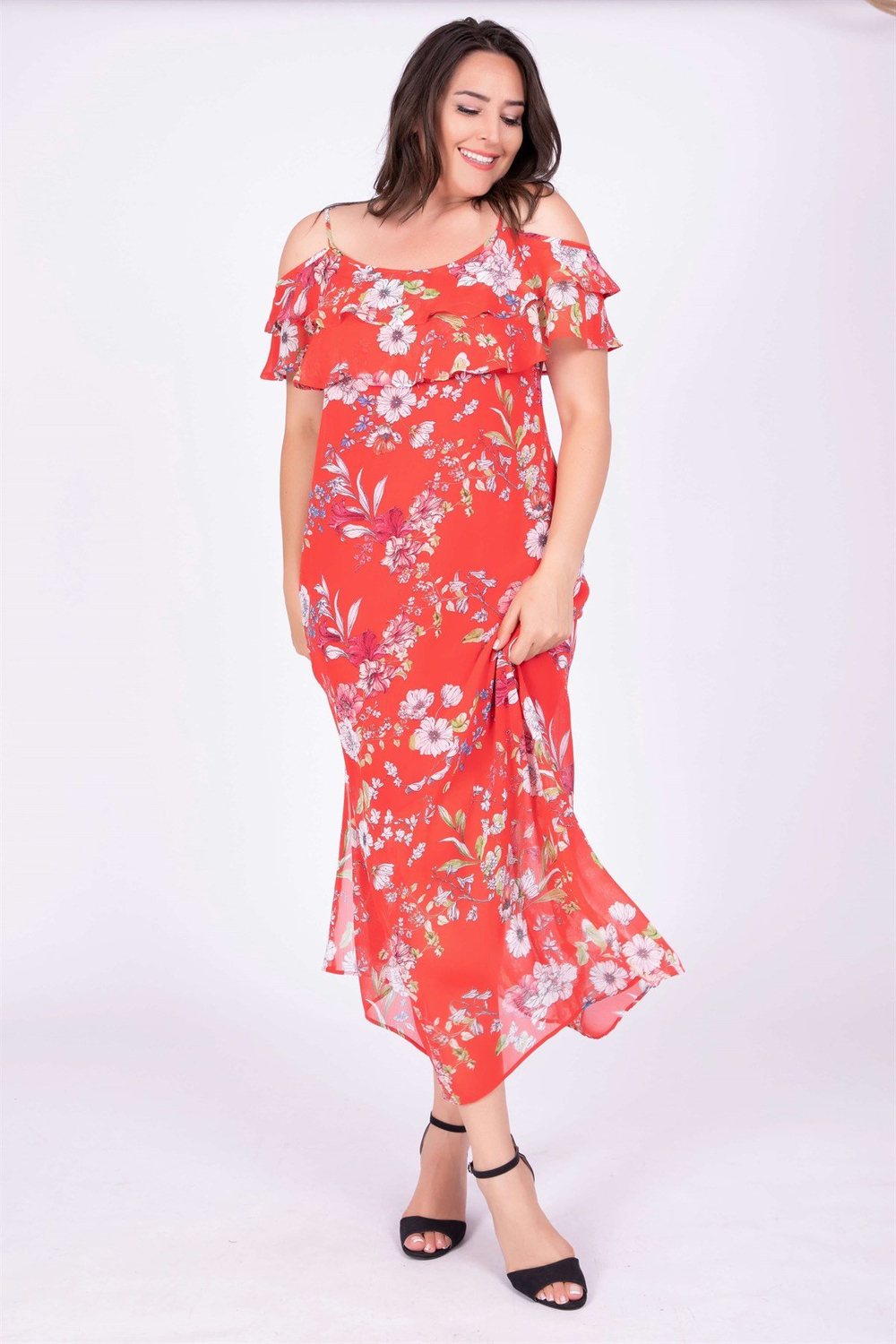 Myline-Volanlı Maxi Elbise-Büyük Beden Günlük Elbiseler-34809