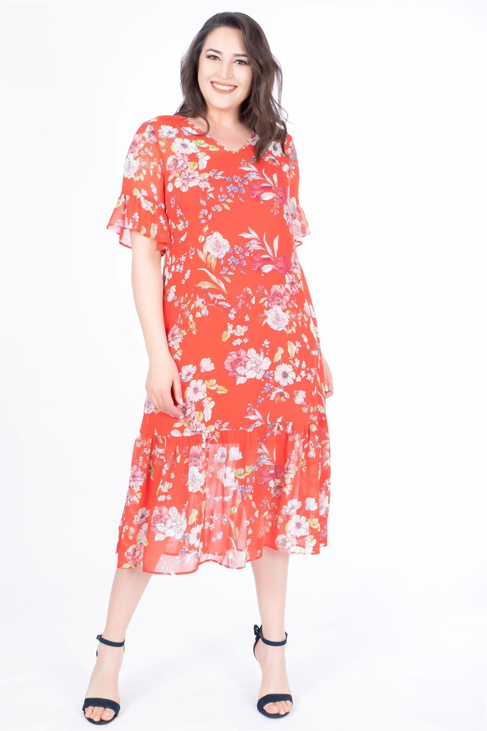 MYLINE-Volanlı Uzun Elbise-Elbise-34603