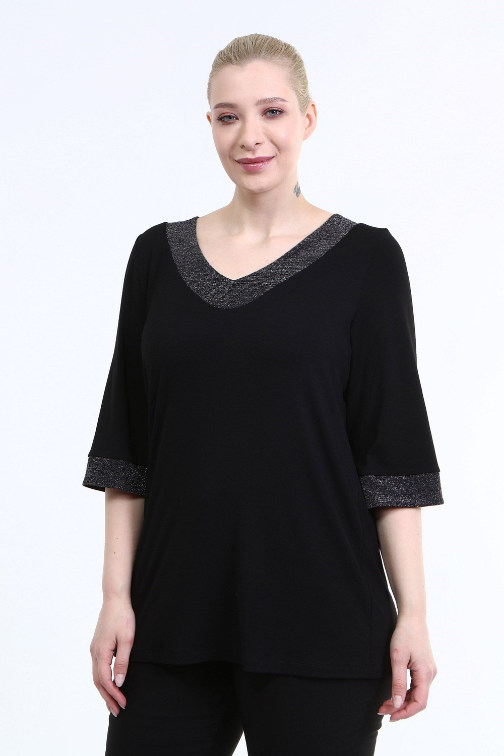 Myline-Yaka ve Kol Ucu Simli Penye Bluz-Büyük Beden Bluz-66658